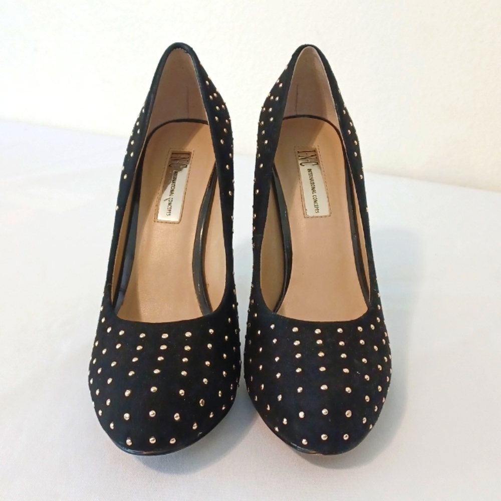 Gold studded INC black suede pumps